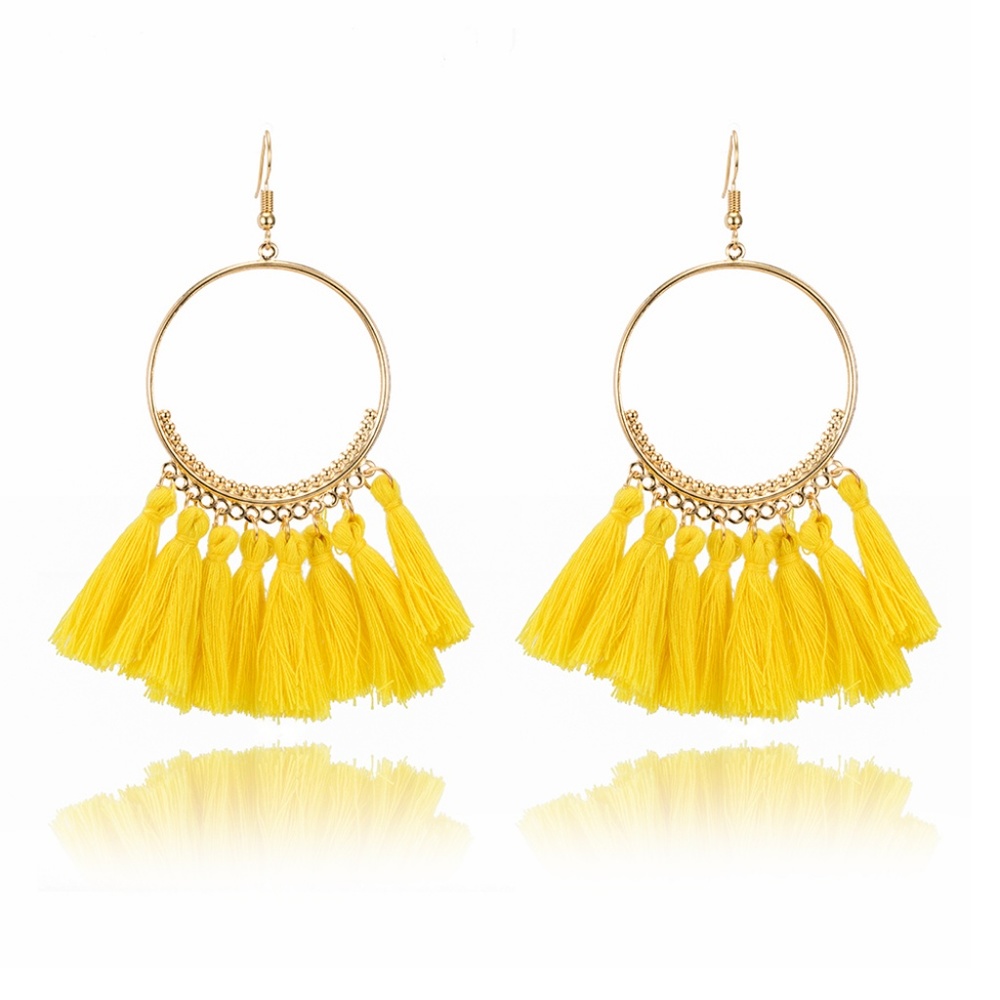 BE20 | Boho Hoop Yellow Cotton Tassel Earrings - Picture 1 of 3